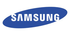 The image shows the Samsung logo. It consists of the word "SAMSUNG" in white, uppercase letters, with a stylized letter "A," set against a blue elliptical background.