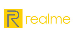 A logo with the word "realme" in lowercase, yellow font. To the left of the text is a yellow square with a stylized, geometric "R" in gray. The overall theme is clean and vibrant, with a minimalist design.