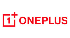 The image shows the OnePlus logo. The logo consists of the word "ONEPLUS" written in bold, red capital letters. To the left of the text, there is a red symbol featuring a combination of a plus sign and the number 1 encased within a rectangular outline.