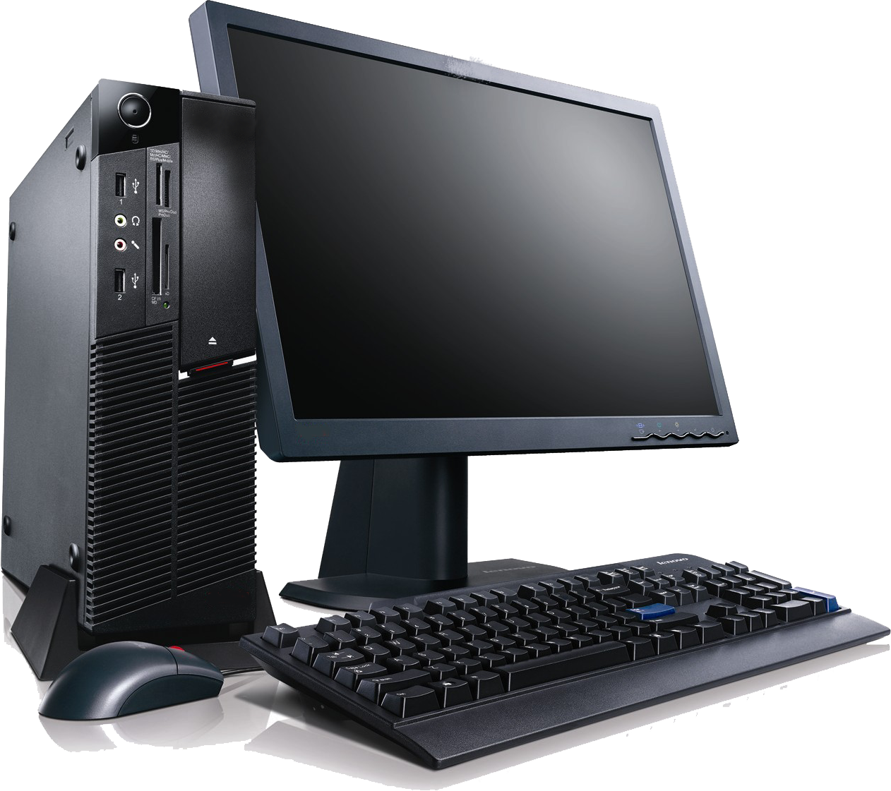 A desktop computer setup featuring a black monitor, a black tower CPU, a wired keyboard, and a wired mouse.