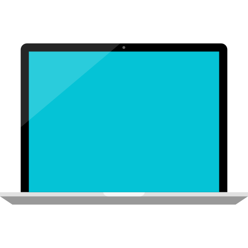 A simple illustration of an open laptop with a blank, bright blue screen. The laptop has a white base and is shown from the front.