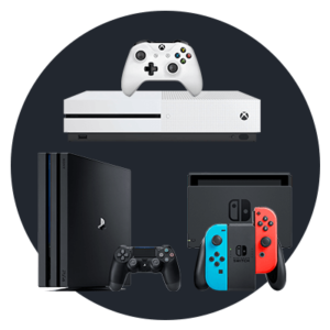 Image of three gaming consoles. At the top is a white Xbox console with a matching controller. Below on the left is a black PlayStation console with a matching controller. On the right is a Nintendo Switch with its red and blue Joy-Con controllers attached.