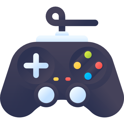 A stylized illustration of a video game controller featuring two joysticks, a directional pad on the left, and colorful buttons on the right.