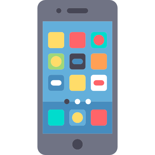 An illustration of a smartphone with a blue screen displaying a grid of colorful app icons.