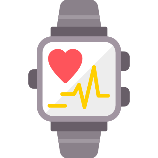 A smartwatch with a gray band displays a red heart icon and a yellow electrocardiogram line on the screen, indicating heart rate monitoring.