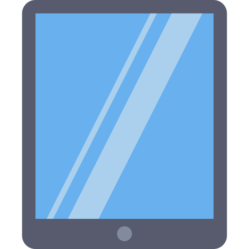 A simplified illustration of a tablet. The screen, depicted in light blue, reflects a white streak of light, and the tablet frame is dark gray. The home button is centered at the bottom of the frame.