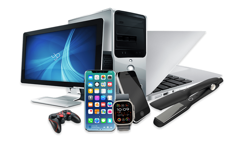 An assortment of electronic devices including a desktop computer, flat-screen monitor, smartphone, smartwatch, laptop, game controller, and stylus pen is available. For any issues with these gadgets, consider Gadget Repairs Glasgow for expert assistance.