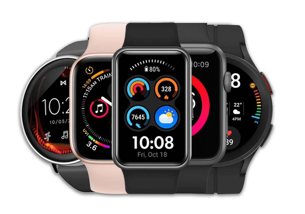 A collection of three smartwatches in different colors and sizes, highlighting their diverse styles and functionalities.