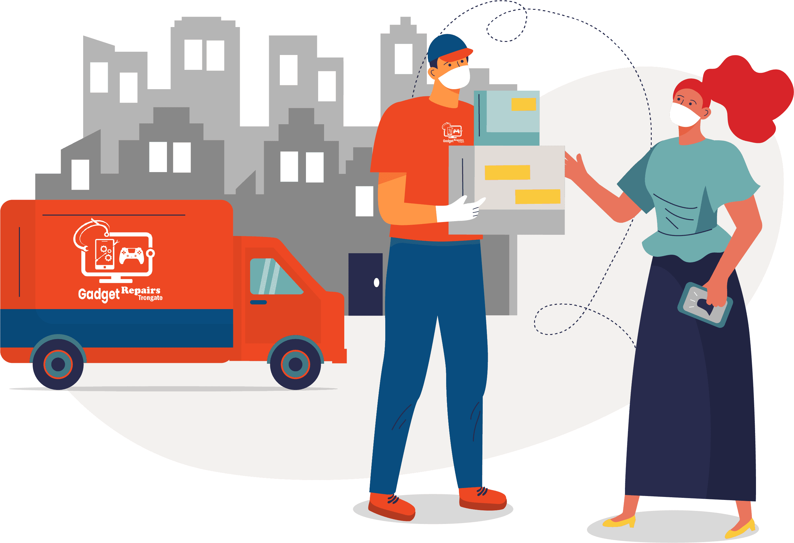 Illustration of a masked delivery person handing over packages to a masked woman. A red and yellow delivery truck with a logo is nearby, and city buildings are in the background.