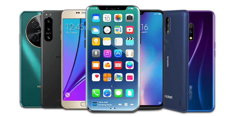 Mobile repair service for a lineup of seven diverse smartphones from brands like Huawei, Samsung, Nokia, and Realme, displayed vertically side-by-side, all serviced by Gadget Repairs Glasgow.