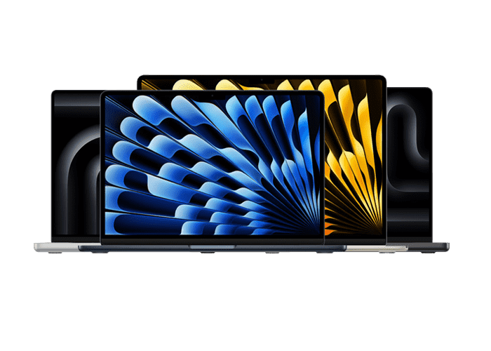 A display of three MacBooks featuring distinct colors and designs